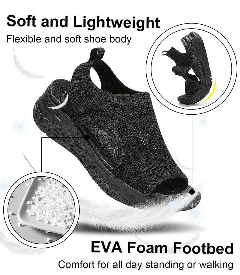 Womens Comfortable Orthopedic Sandals Arch Support Ladies Walking Sport Athletic Sandals Open Toe Slip On Plantar Fasciitis Platform Dress Sandal 2 Inches Heel 6.5 Black