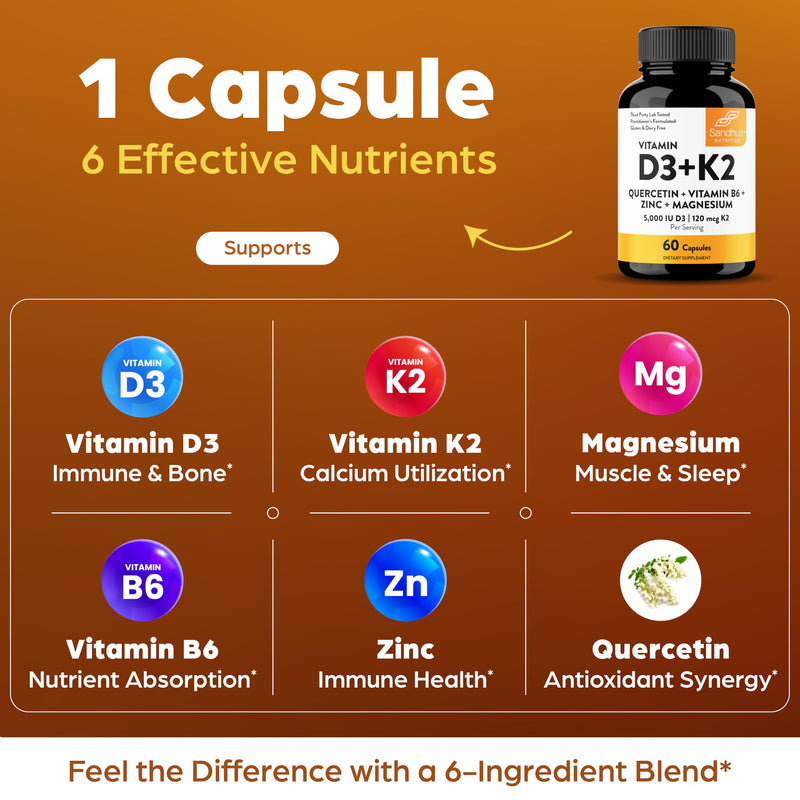 Vitamin D3 K2 5000 IU 120mcg Magnesium Zinc B6 Quercetin Capsules 60 Count | 6-in-1 D3+K2 Supplements Supports Bone, Immune, Energy And Muscle Health, Gluten-Free, 2-Month Supply, USA Made by Sandhu's 60 Count (Pack of 1) 5000 IU Capsules