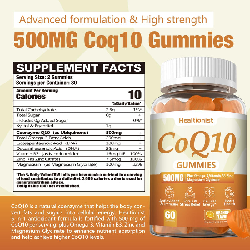 2 Pack 500MG Coq10 Gummies - 3X Better Absorption, Plus Omega-3, Magnesium, Vitamin B3 & Zinc - Coenzyme Q10 Supplements for Heart Health, Cellular Energy & Antioxidant, Vegan, 120 Counts 60 Count (Pack of 2)