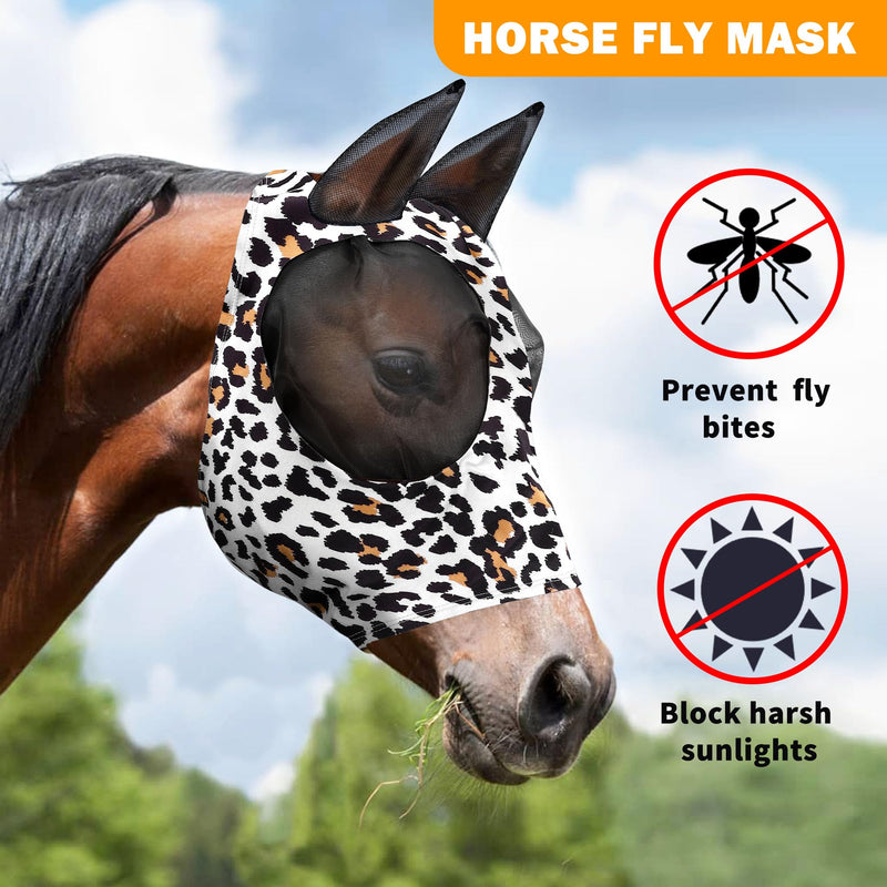 Horse Fly Mask, Softer Stretchy Fly Masks for Horses, Comfortable and Breathable Horse Fly Masks with Ears, Shade and Cooling to Protect The Horse's face from Disturbance, Leopard L - BeesActive Australia