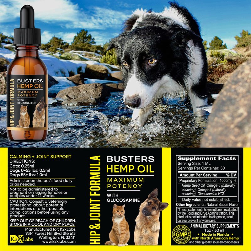 Busters Hemp Oil for Dogs with Glucosamine 2-Pack Dual-Action Joint Support + Calming,100mg Glucosamine + Organic Hemp Oil with Omega 3 6 9 — Bacon Flavor, Third-Party Lab Tested — Made in USA