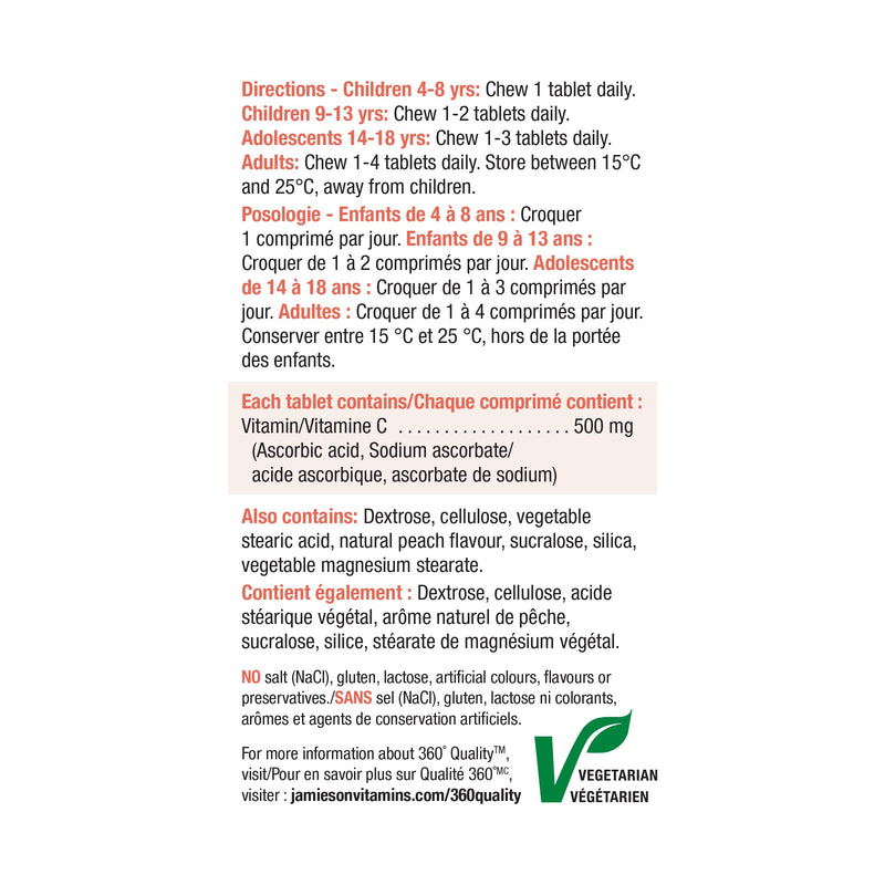 Jamieson Vitamin C Chewables 500 mg - Juicy White Peach Flavour, 120 Tablets