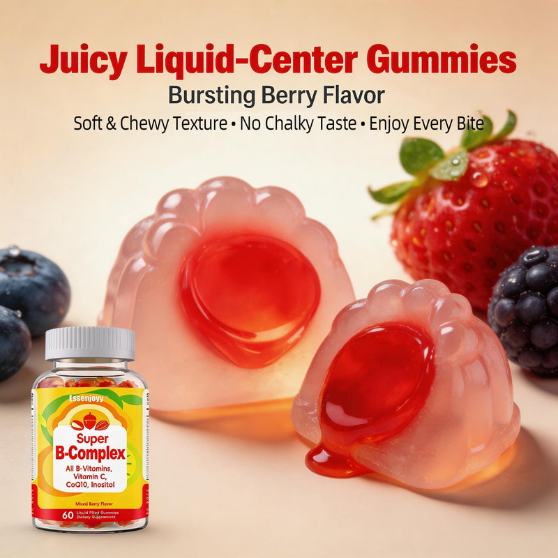 Liquid-Filled B Complex Gummies for Daily Routine, Juicy Berry Flavor, Complete B Vitamins with Vitamin C, CoQ10 & Inositol, Easy to Enjoy, 60 Gummies x 2 (120 Total) 60 Count (Pack of 2)