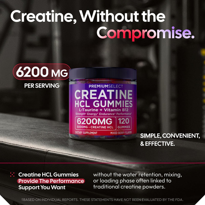 Creatine HCL Gummies for Women & Men - 120 Gummies 6200mg HCL Creatine Chews Advanced Complex with L-Taurine + Vitamin B12 for Muscle Strength, Energy Boost & Booty Gain Gummy - Mixed Berry Flavor