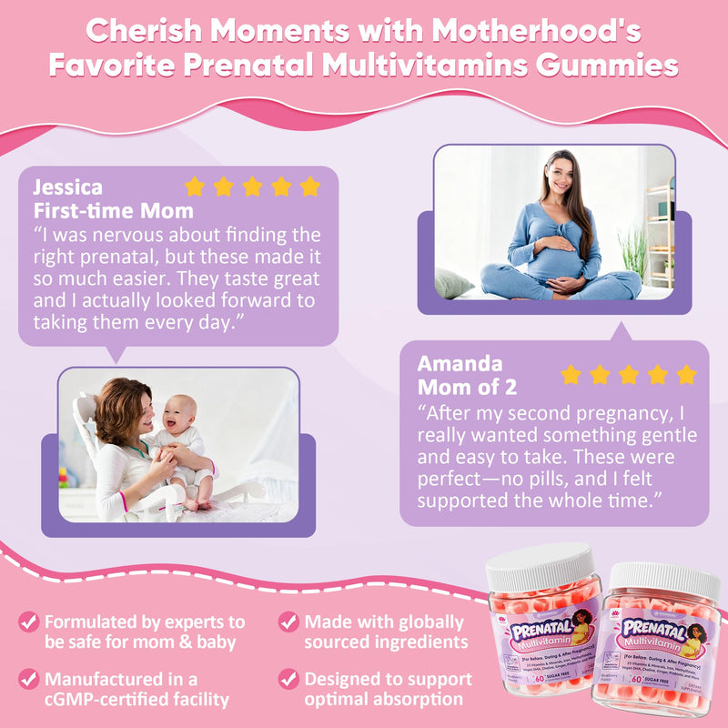 Prenatal Vitamins for Women, Prenatal Multivitamin Gummies + Methylfolate, Iron, Omega-3, Choline, Ginger, Probiotic, Vitamin A C D3 B6 B12 for Before, During & After Pregnancy, NO Sugar, Vegan, 60Cts