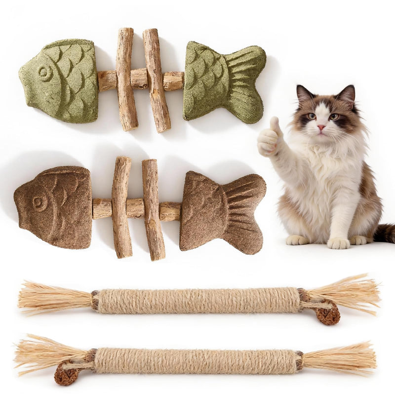 Catnip and Silvervine Cat Chew Sticks for Dental Health - Natural Wood Teething Toys with 2 Fish Bone & 2 Silvervine Flavors, Durable Interactive Chews for Indoor Cats and Kittens Teeth Cleaning