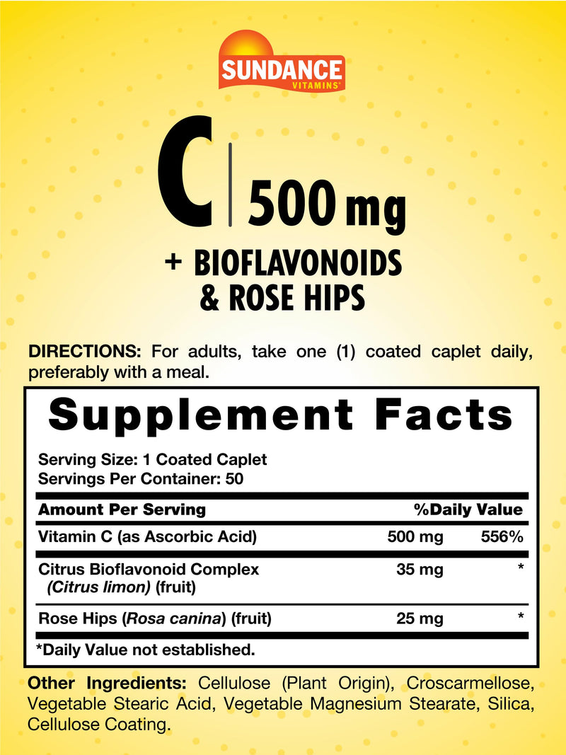 Sundance Vitamin C 500mg with Bioflavonoids and Rose Hips | Vegetarian, Non-GMO & Gluten Free Supplement
