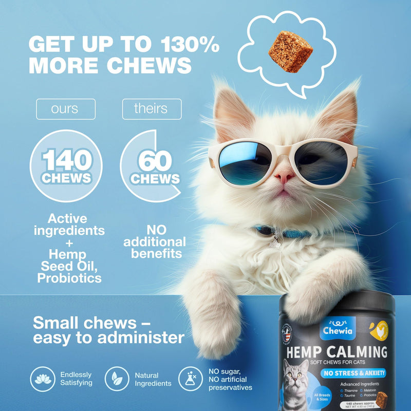 Cat Calming Treats - Hemp Calming Care for Cats - Cat Melatonin Soft Chews with Hemp Seed Oil and Probiotics - Cat Anxiety Relief - Storms, Travel, Grooming, Separation - Calming Chews for Cats 140 count