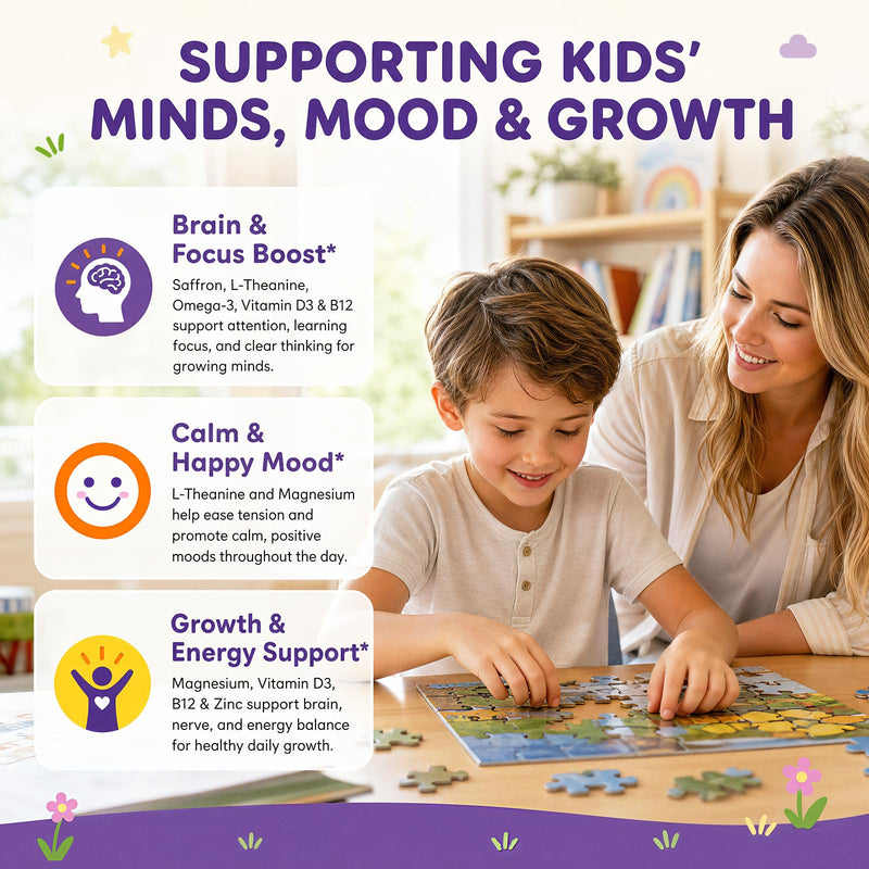 Liposomal Kids Saffron Drops, Saffron Supplements for Kids with L-Theanine, Magnesium, Omega-3 DHA EPA, Vitamin D3 & B12, Focus & Calm Mood Support for Children, Strawberry Flavor, 2 FL OZ