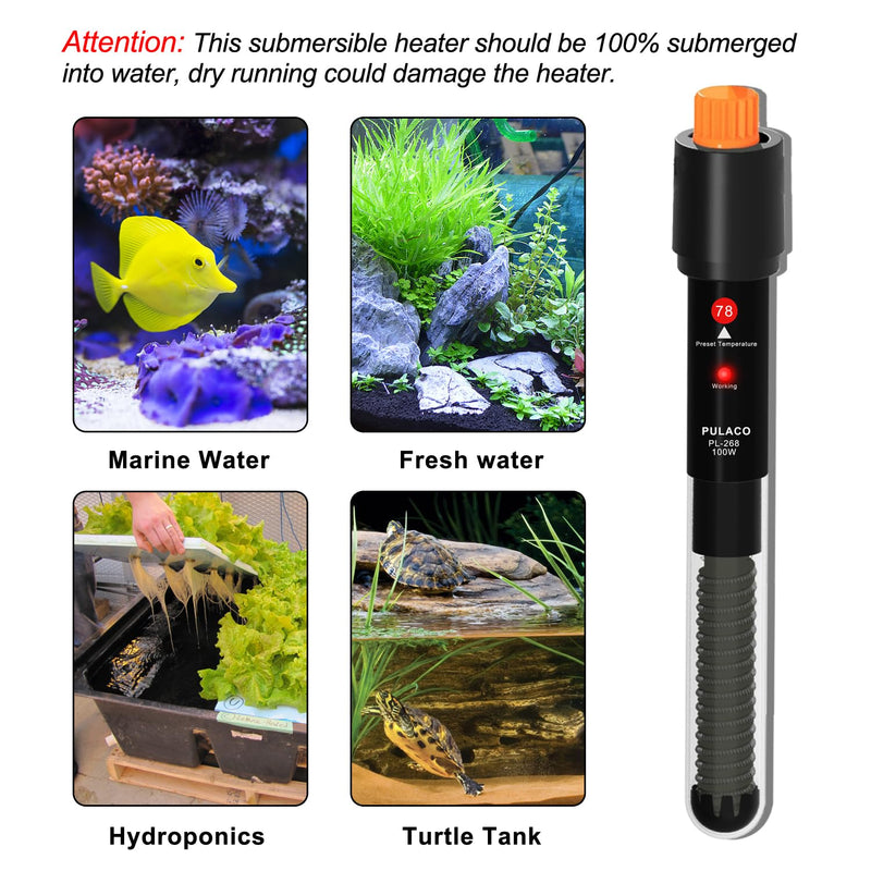 PULACO 100Watt Aquarium Heater for 15-25 Gallon Fish Tank, Adjustable Submersible Heater Thermostat with Thermometer Strip and Suction Cup 100W for 15-25 gallon