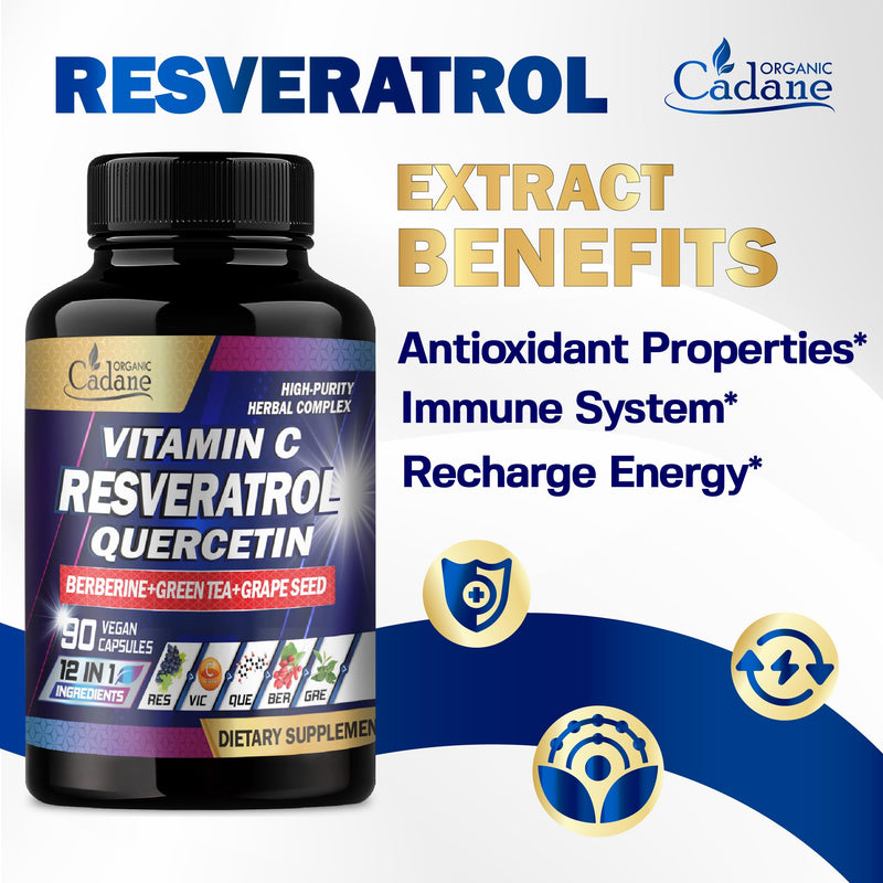 Organic Cadane Resveratrol Supplement - 12in1 Blended with VIT.C, Quercetin, Berberine, Turmeric, Green Tea & More - 90 Capsules 3 Month