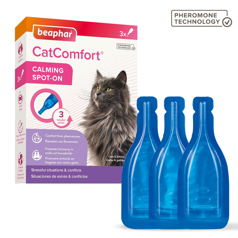 Beaphar - CatComfort® Calming Spot-On For Cats - Reduces Anxiety & Stress – Pheromone Calming - Fast-Acting - Starts Working in 15 Minutes - Ideal for Short-Term Events like Fireworks - 3 Pipettes