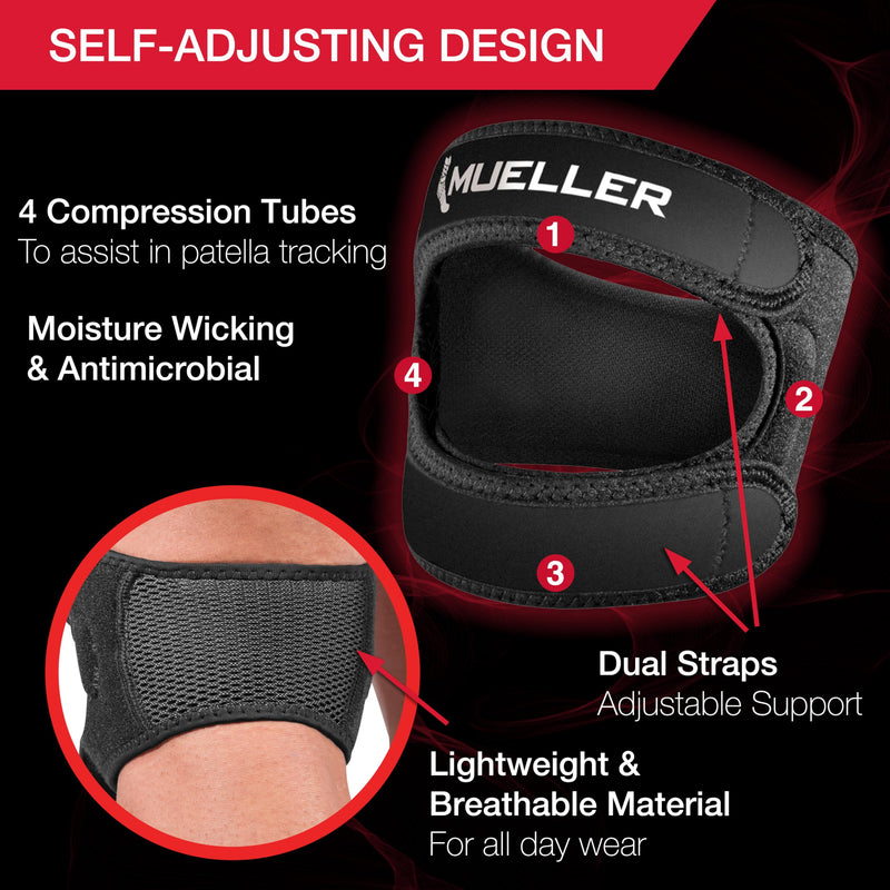 MUELLER Sports Medicine Adjustable Max Knee Single Strap for Men and Women, Compression & Pain Relief Support for Osgood-Schlatter's, Runner's Knee, Patellar Tendinitis, Black Large/X-Large - BeesActive Australia