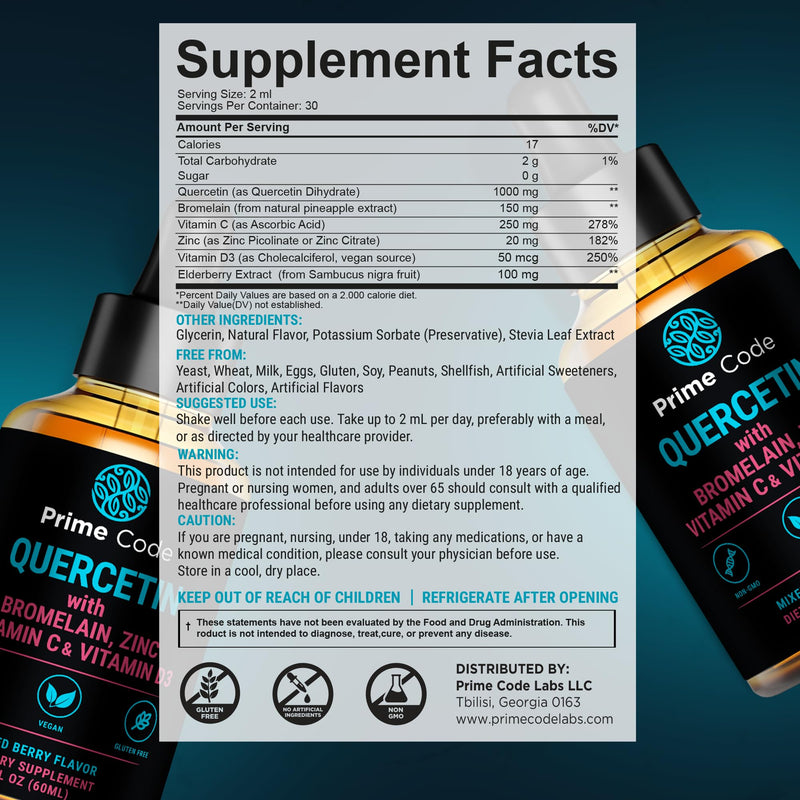 Prime Code Quercetin Liquid with Bromelain, Zinc, Vitamin C & D3 – Mixed Berry Flavor – Vegan, Non-GMO, Gluten Free Antioxidant & Immune Support Supplement – High Absorption 2 fl oz (60mL)