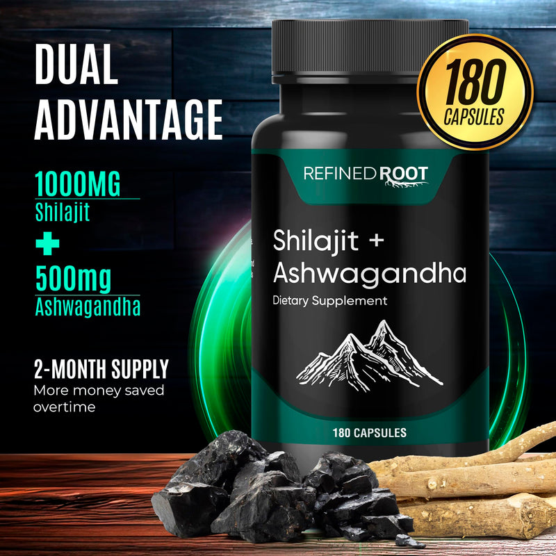 Shilajit for Men 1000mg & Ashwagandha Supplements 500mg (180 Capsules) - (20% Fulvic Acid Supplement) - Shilajit for Women