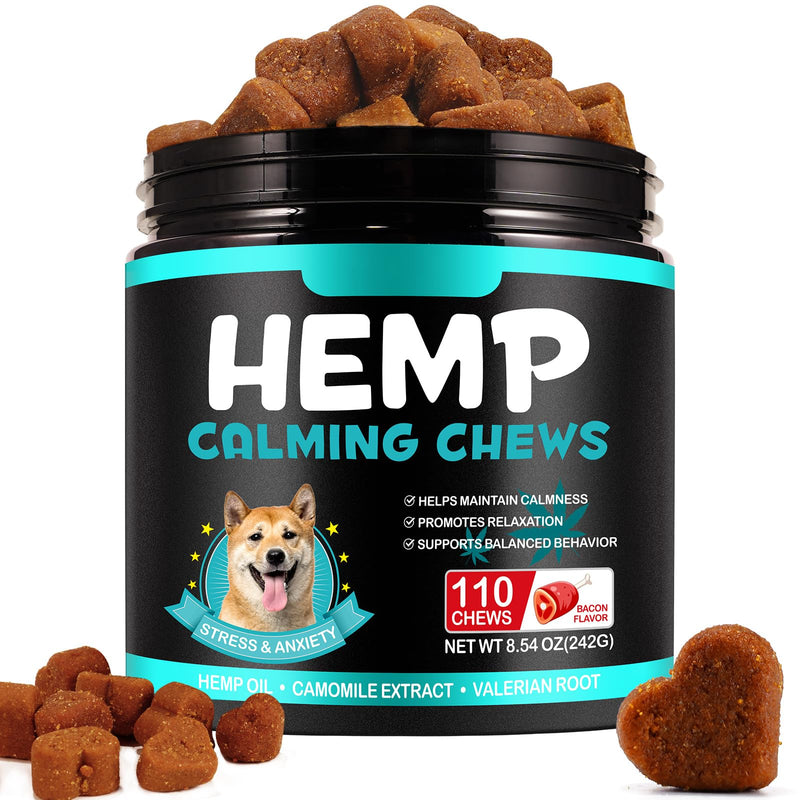 Hemp Calming Chews for Dogs, Dog Calming Treats, Dogs Anxiety Relief Treats, for Fear, Separation Anxiety, Barking, Hyperactivity, Reactivity, Aggression, Chicken Flavor, 110pcs (Bacon Flavor)
