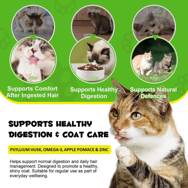 Hairball Support for Cats & Kittens with Psyllium Husk, Omega-3 & Zinc – Digestive Support, Skin & Coat Care, Reduces Shedding & Hairballs, Crunchy Chicken Flavor