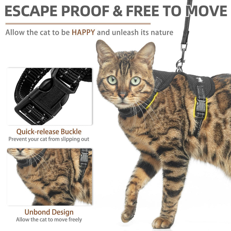 PUPTECK Cat Harness and Leash Set Escape Proof, Reflective Adjustable Soft Mesh Kitten Vest Harness for Walking Travel, Black, S Small - BeesActive Australia