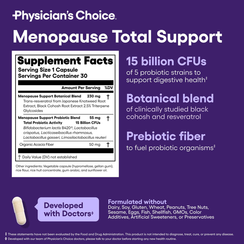 Physician's CHOICE Menopause Probiotic Supplement for Women - Supports Hormone Balance, Hot Flashes, Night Sweats, Weight Management, Bloating & Gut Health - with Black Cohosh, Resveratrol+ - 30ct 30 Count (Pack of 1)