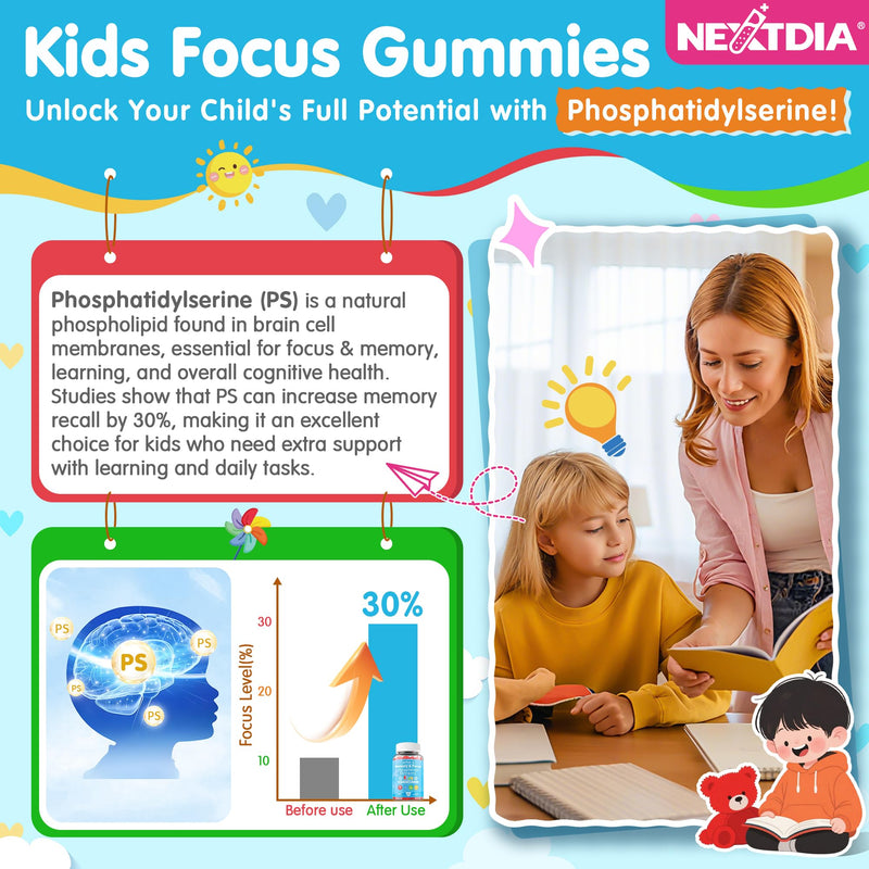 Phosphatidylserine Supplement 100mg, Focus Gummies for Kids Teens + Vitamin C & D3 400IU, Sugar Free Kids Brain Gummies Increase Attention & Concentration, Chewable, Vegan, Gluten Free, Non-GMO 60Cts 60 Count (Pack of 1)
