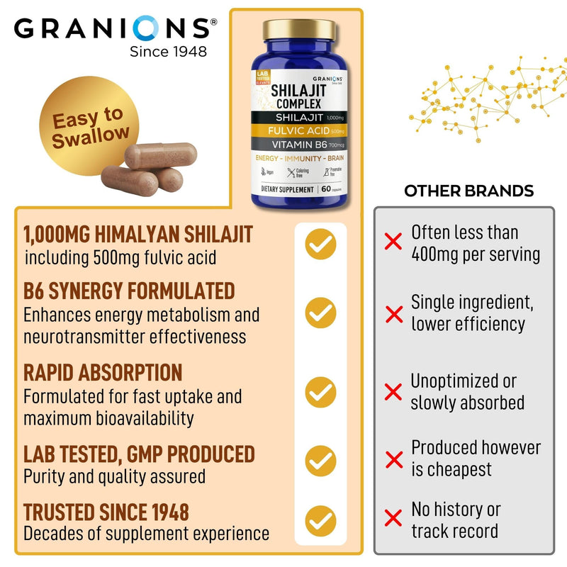 Granions Pure Shilajit for Men Capsules - Fulvic Acid Supplement, 1,000mg Himalayan Shilajit with Vitamin B6 - Ultra Energy, Vitality & Brain Support for Men and Women Supplements - 60 Capsules Shilajit (60 capsules)