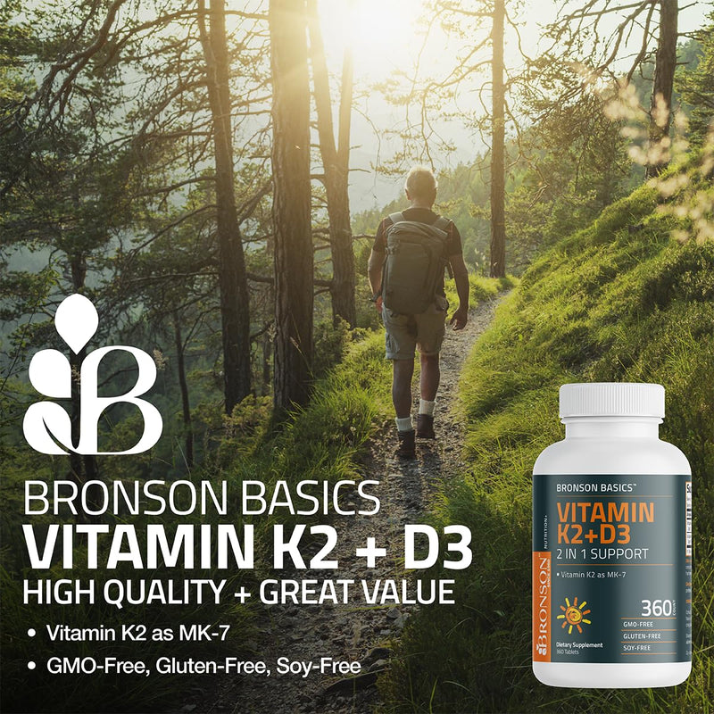 Bronson Vitamin K2 D3 (MK7) Supplement 2-in-1 D3 & K2 Complex, 200 Tablets | Bone, Immune & Heart Health Support, Gluten-Free, Soy-Free, Non-GMO, Vitamin D3 5000 IU (125 mcg) & 90 mcg K2 MK-7 200 Count (Pack of 1)
