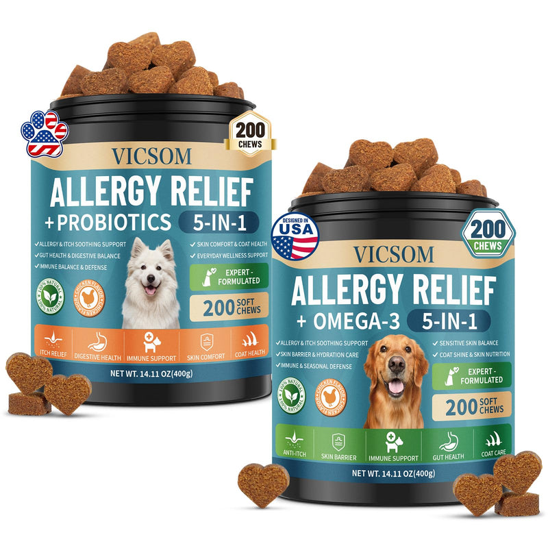 Advanced Dog Allergy Relief Bundle – Probiotic Allergy Chews (200) + Omega 3 Anti-Itch Chews (200), Dog Allergy Relief for Itchy Skin, Ears, Paws, Gut & Immune Support, Chicken Flavor