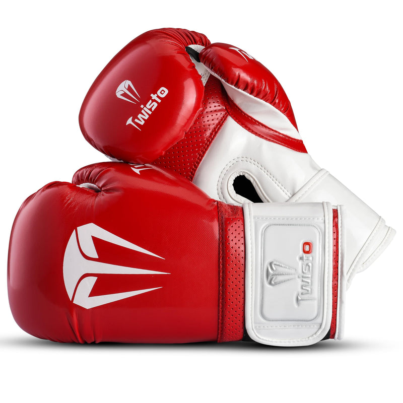 Twisto Boxing Gloves – Professional Training & Sparring Gloves for Men & Women – Muay Thai, MMA, Kickboxing, Heavy Bag, Gym Workout – Premium PU Leather with Wrist Support – 10oz 12oz 14oz 16oz 10 oz Red / White