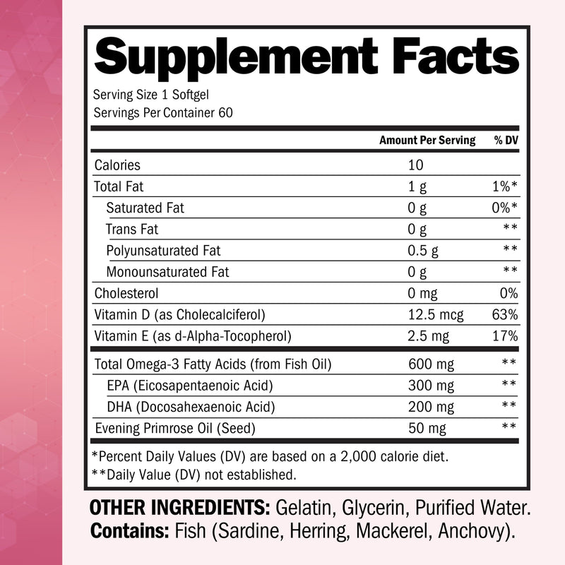 Fish Oil Omega 3 Supplement for Women - 60 Softgels, 60 Day Supply | 600mg Omega 3 EPA + DHA, Evening Primrose Oil, Vitamin D & E - Healthy Skin, Hormone Balance & Heart Health Support 60 Count (Pack of 1)