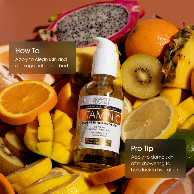 Advanced Clinicals Brightening Vitamin C Body Oil For Women & Men | Vitamin C Glow Oil Skin Care Body Moisturizer With Vitamin E + Botanicals To Help Improve Look Of Dark Spots + Dry Skin, 3.8 Fl Oz Vitamin C Brightening Body Oil 3.8 Fl Oz (Pack of 1)