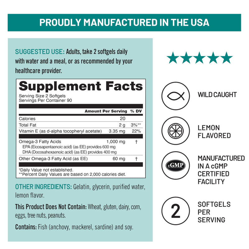 NatureWise Extra-Strength Omega 3 Fish Oil Supplement - 1000mg per Serving - 600 EPA & 400 DHA and Vitamin E - Sustainably Sourced Fish Oil - Lemon Flavor, GMO-Free - 180 Softgels[3-Month Supply] 180 Count (Pack of 1)