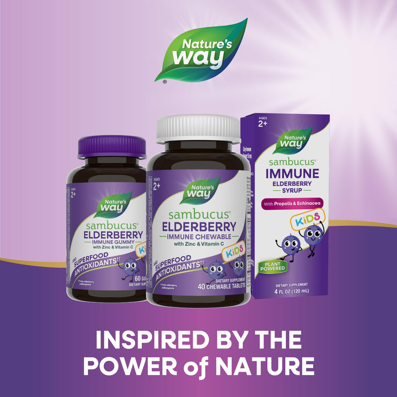 Nature's Way Sambucus Elderberry Immune Chewable for Kids, 40 ct | Immune Support*, Vitamin C, Zinc, with Superfood Antioxidants(1), Gluten-Free, Dairy-Free, No Artificial Colors