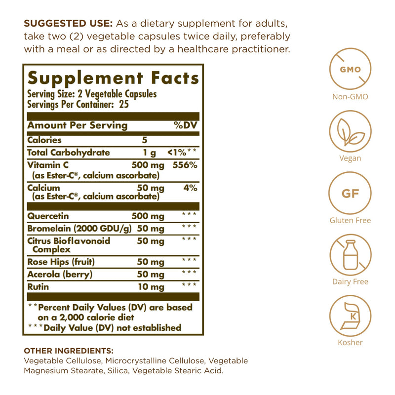 Solgar Quercetin Complex with Ester-C Plus - 50 Vegetable Capsules - Immune Health Support - Gentle on the Stomach Vitamin C - Non-GMO, Vegan, Gluten Free, Kosher - 25 Servings