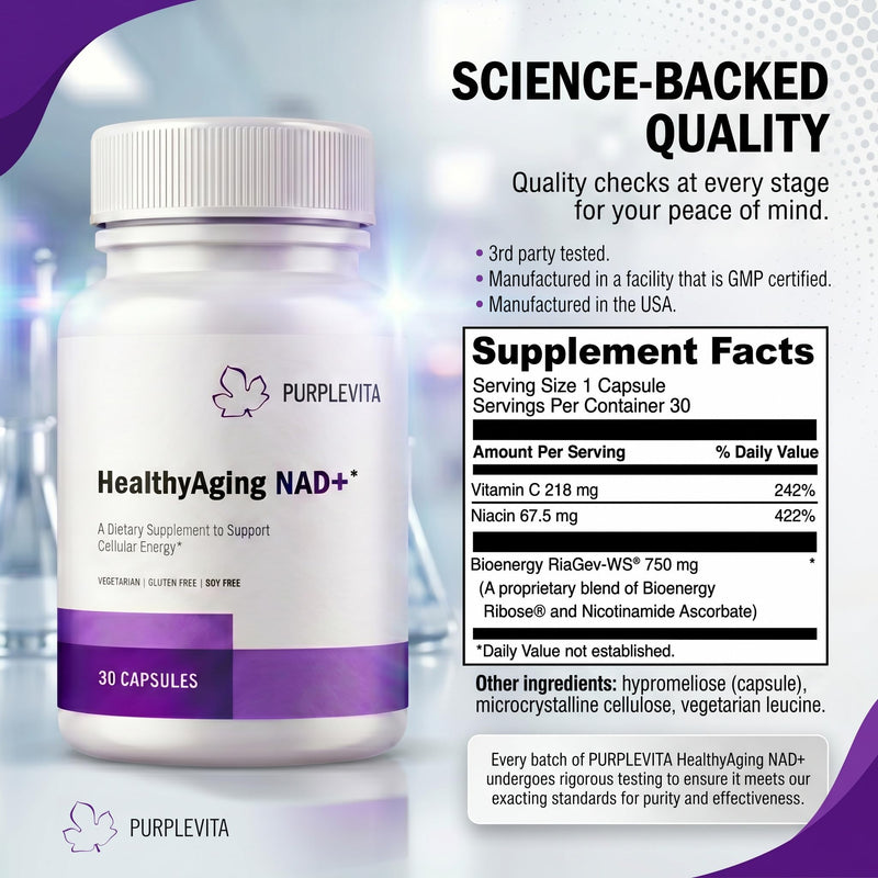 NAD + Plus Supplement Healthy Aging with RiaGev®-WS™, Vitamin C & Niacin, Cellular Energy, Metabolism and Stress Support*, Vegetarian, Gluten-Free & Soy-Free 1 Capsule Daily
