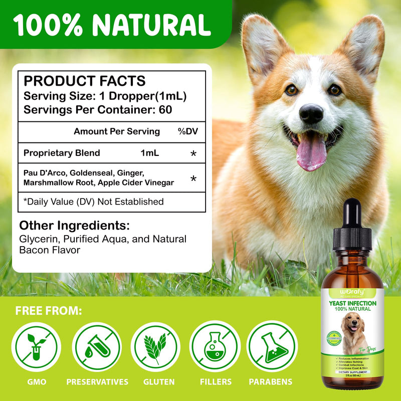 Natural Yeast Infection Drops for Dogs - Ear & Skin Support for Itch Relief, Allergy & Paw Licking Relief, Supports Healthy Skin & Coat - Vet-Recommended Formula (60ml)