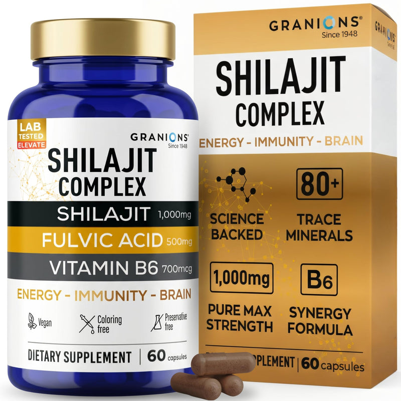 Granions Pure Shilajit for Men Capsules - Fulvic Acid Supplement, 1,000mg Himalayan Shilajit with Vitamin B6 - Ultra Energy, Vitality & Brain Support for Men and Women Supplements - 60 Capsules Shilajit (60 capsules)
