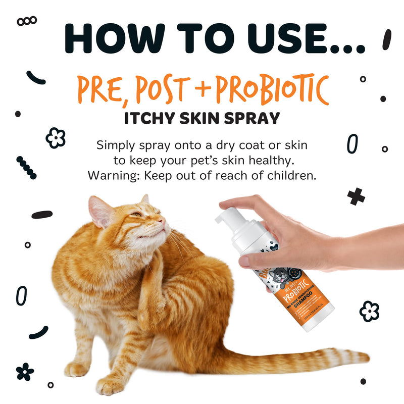 Bugalugs Probiotic Cat Spray for itchy skin. Leave in spray to condition, nourish and hydrate skin and coat. Professional cat cleaning and grooming formula