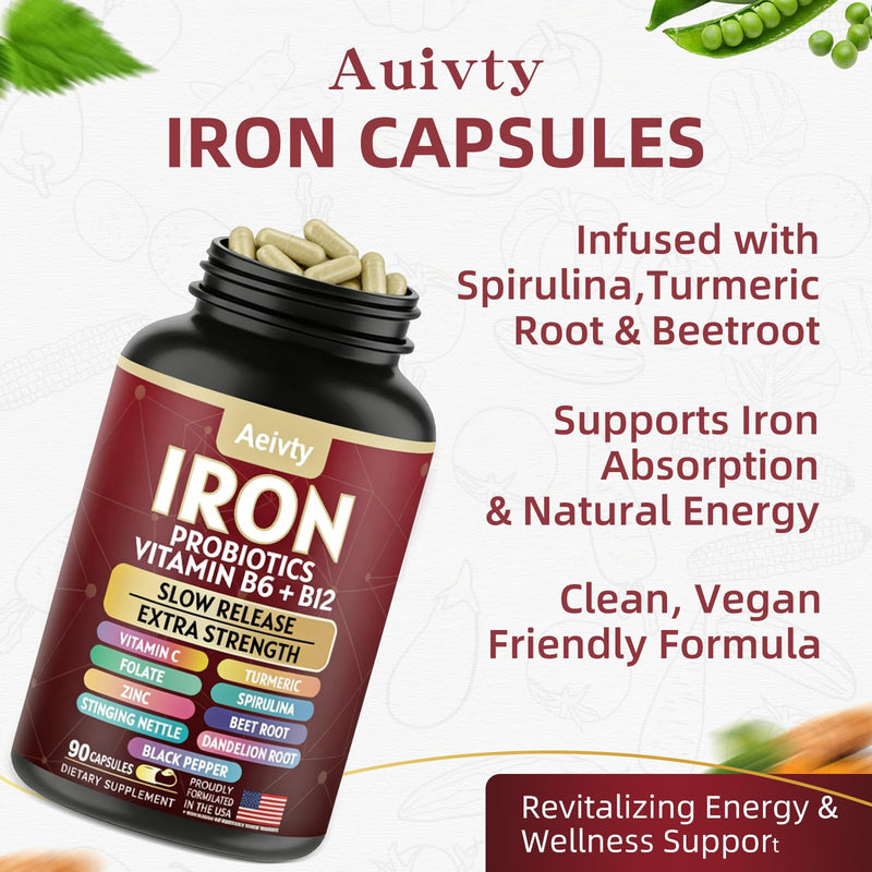 Iron Supplement with Slow Release Iron, Probiotics, Spirulina, Turmeric, Vitamin C, B6, B12, Zinc & Folate, 13-in-1 Daily Support, Gentle on Stomach, 60 Veggie Capsules