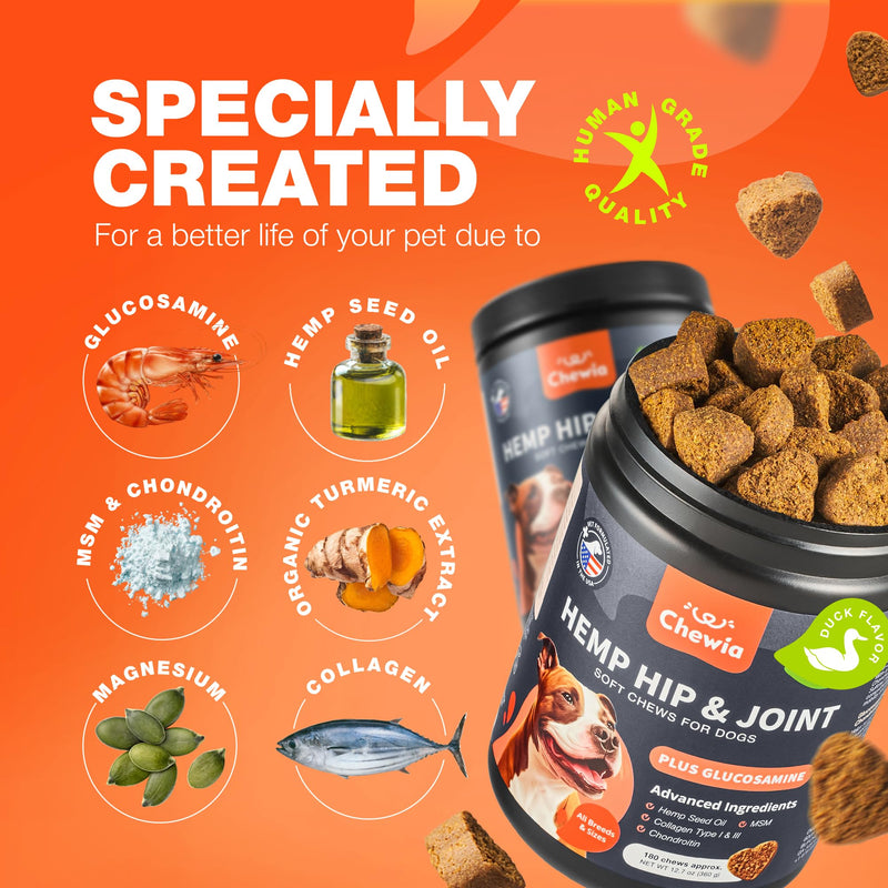 Glucosamine for Dogs - Joint Supplement for Dogs - Glucosamine Chondroitin - 180 Hip and Joint Care Mobility Chews - MSM, Turmeric - Advanced Mobility Support - Bone Health - Large and Small Breeds 180 count Hip & Joint Chews