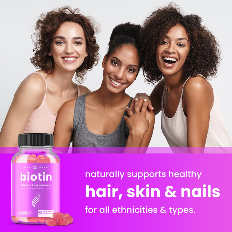 NutraChamps Sugar Free Biotin Gummies 10000mcg [High Potency] - Healthy Hair, Skin & Nails for Women, Men & Kids - 5000mcg in Each Gummy - Vegan Hair Health Vitamins Supplement - Raspberry (2-Pack) 60 Count (Pack of 2)