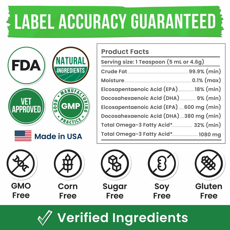 Omega 3 Fish Oil for Dogs & Cats - Made with Wild Alaskan Salmon Oil; Liquid Fish Oil Supplement for Pets with Omega 3 EPA+DHA Fatty Acids; Real Ingredients, Real Taste — Trusted by Vets! 8 Fl Oz
