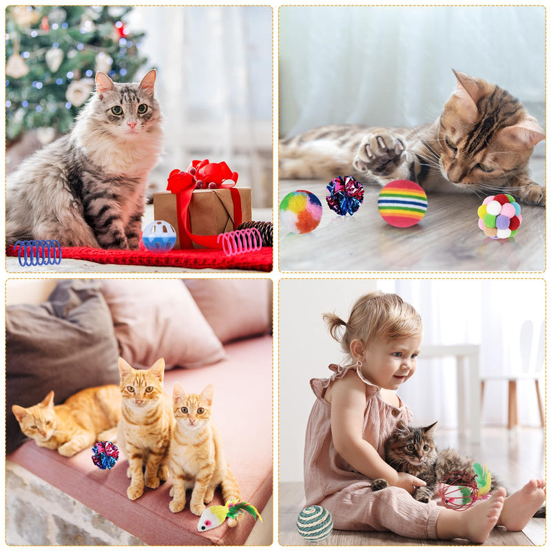 Shappy 150 Pcs Cat Toys Bulk Pack Cat Toy Gift for Christmas Include Mice Rainbow Balls Lattice Balls Sisal Balls Table Tennis Balls Plush Balls Springs Crinkle Balls Caged Bell Balls