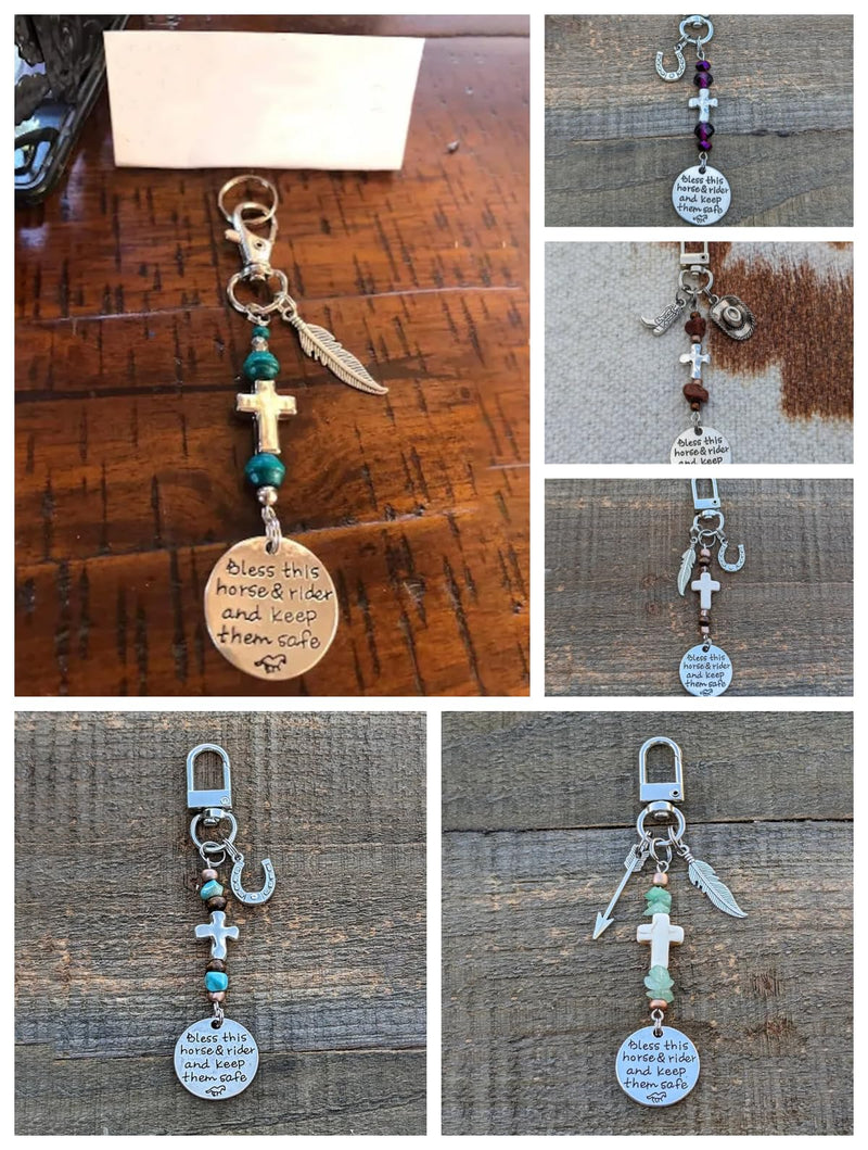 Horse Saddle and Bridle Charm Clip, Bless This Horse and Rider Keep Safe Bridle Saddle Charm Gifts for Horse Rider, Saddle Strings Riding Enthusiast Charms Hanging Ornament Blue Stone & Horseshoe - BeesActive Australia