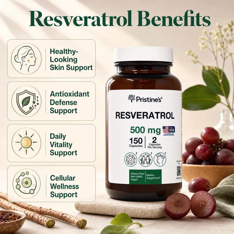 PRISTINE'S Resveratrol 500mg Capsules, 98% Trans-Resveratrol, 150 Count | Healthy aging and antioxidant support from 98% trans-resveratrol. 75 day supply, vegan, non-GMO, gluten-free glass bottle