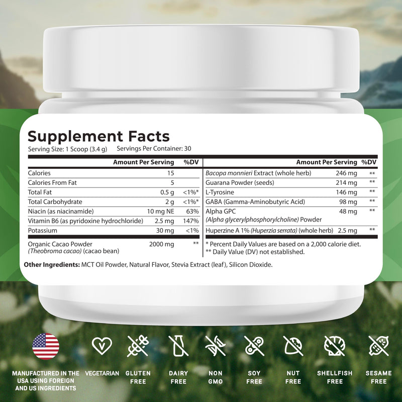 CogniCharge Brain Supplements for Memory, Focus & Clarity - with Bacopa Monnieri Extract, Guarana Powder, Niacin, L-Tyrosine, Alpha GPC, GABA - 3.63 Oz - 30 Servings - Cocoa Mist Flavor - BeesActive Australia