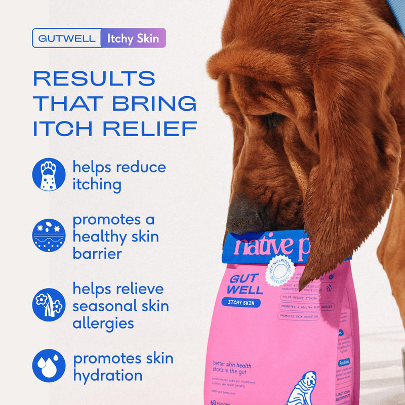 Native Pet Skin & Coat Support Pack Bundle: 60 Scoops GutWell Itchy Skin - Dog Itching Skin Relief & Seasonal Allergy Itch Relief & 8 Oz. Salmon Oil for Dogs & Cats – Pure Omega-3 Fish Oil