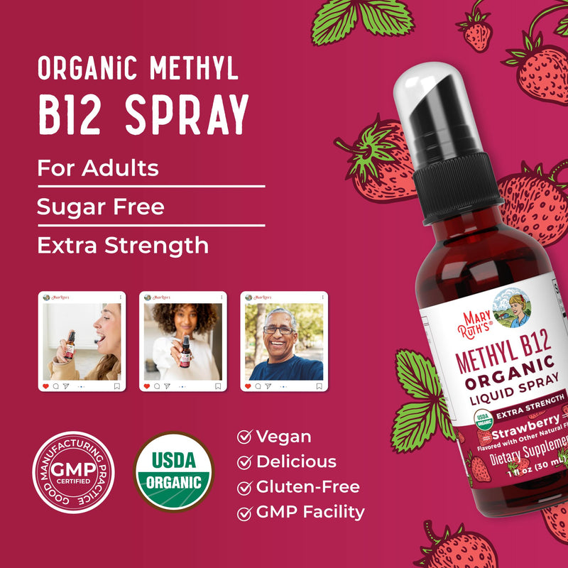 MARYRUTH'S Vitamin B12 Liquid Spray | Vegan, Non-GMO, Gluten-Free | USDA Organic Supplement | Energy & Nervous System Support | B12 Vitamins for Women & Men | 720 mcg | 1 Fl Oz Strawberry 1 Fl Oz (Pack of 1)