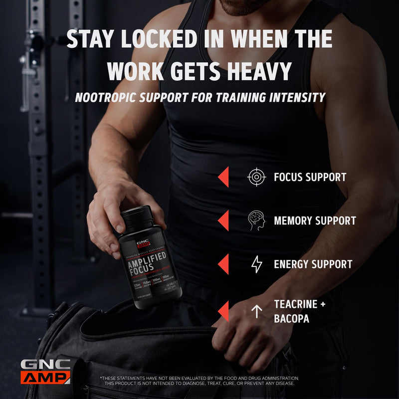 GNC AMP Amplified Focus, Fuels Mental Clarity, 60 Tablets | Features Teacrine, Bacopa, Caffeine, and NeuroFactor to Support Cognitive Focus, Concentration, and Memory