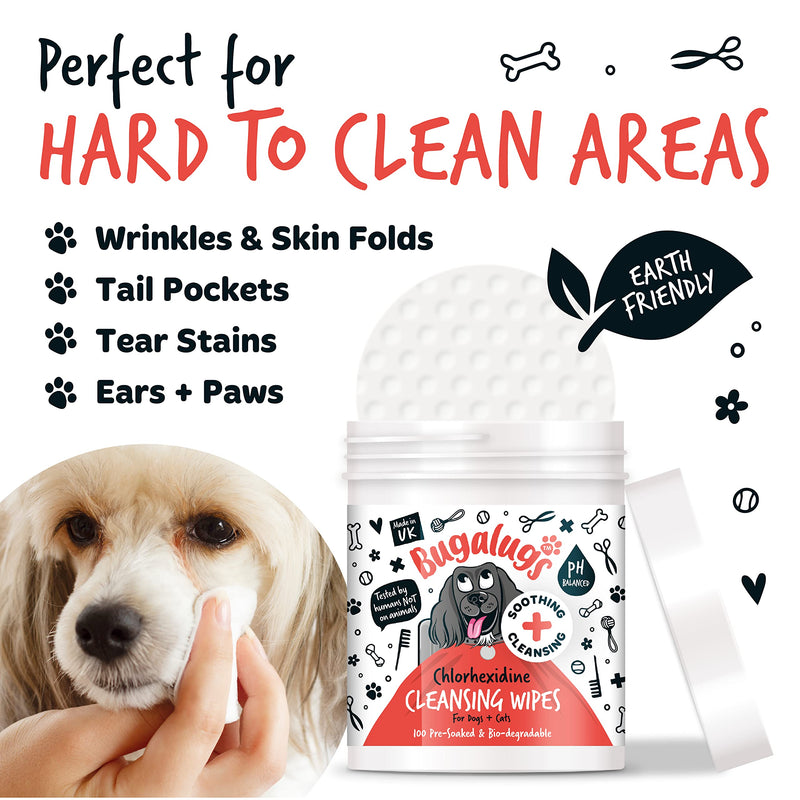 BUGALUGS Dog Wipes for pawly skin - 100 Biodegradable dog grooming pet wipes. Use as Dog ear wipes, dog eye wipes, dog face wipes, Paw & Bum wipes for puppy, dogs & cat grooming