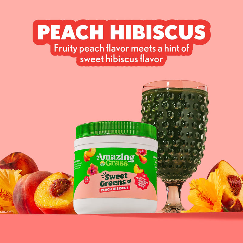 Amazing Grass Sweet Greens and Superfoods Powder for Digestive Health, Greens Powder, Digestive Enzymes, Probiotics, Spirulina, Chlorella, Peach Hibiscus, 30 Servings 30 Servings (Pack of 1) - BeesActive Australia